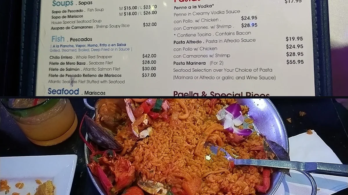 Cocktails beside a seafood meal.