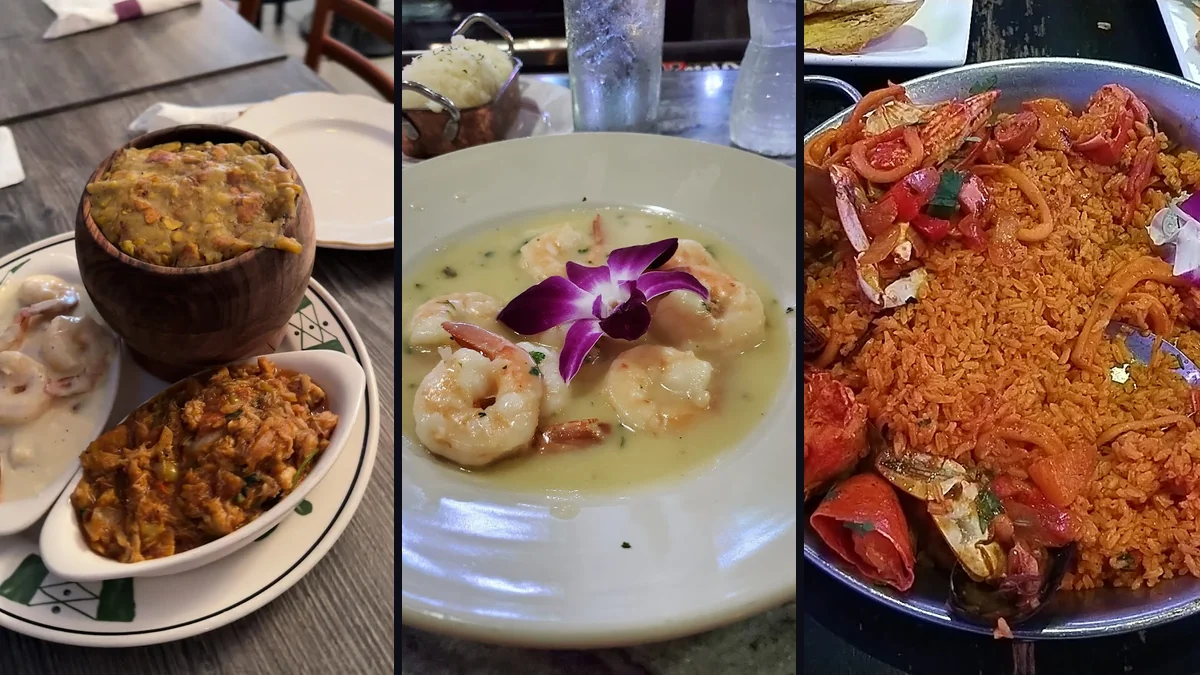 Seafood plates on a casual restaurant table.